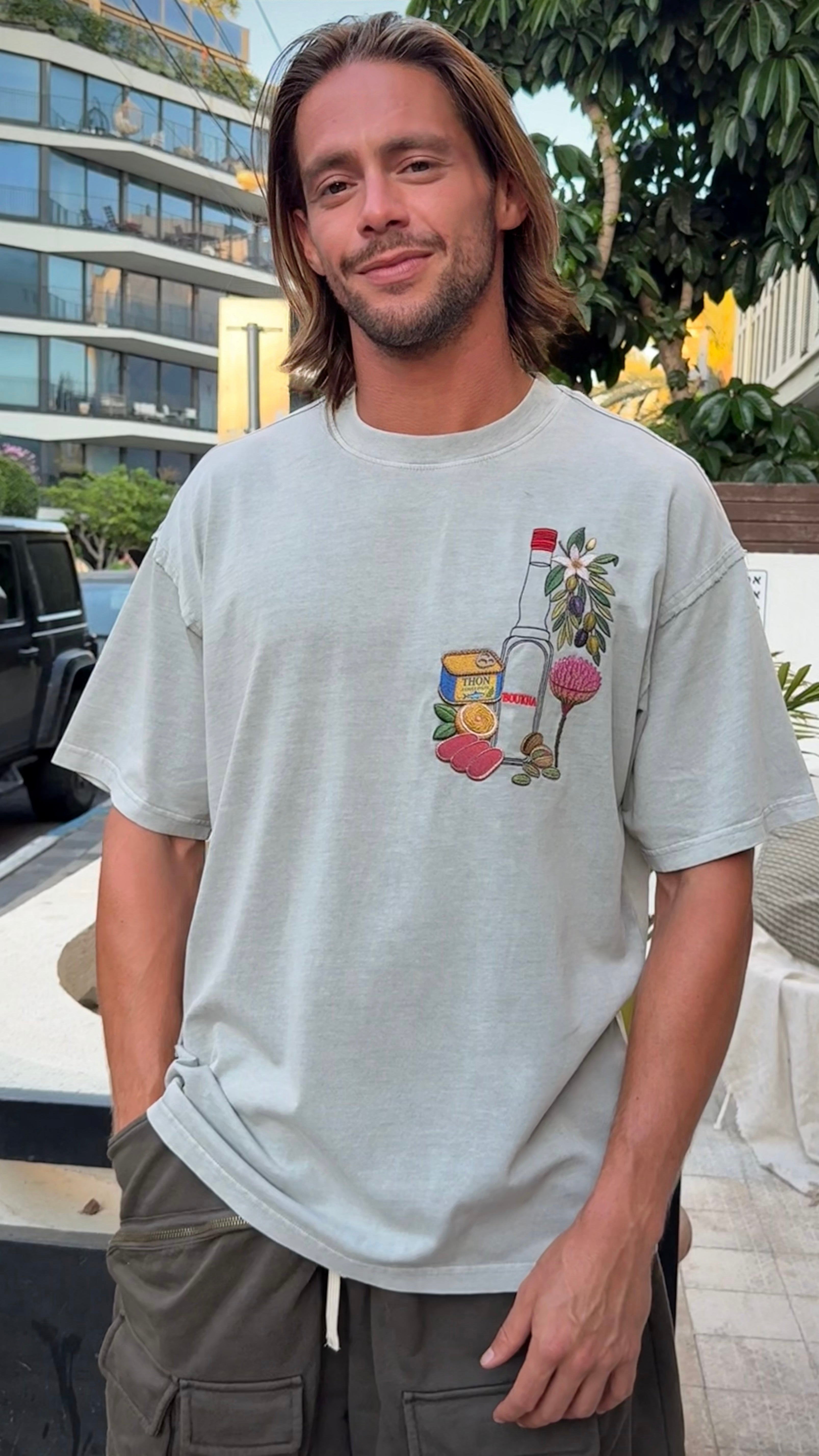 EUF x BYSHALEVET Tunisian Kit Embroidered T-Shirt - Light Sage