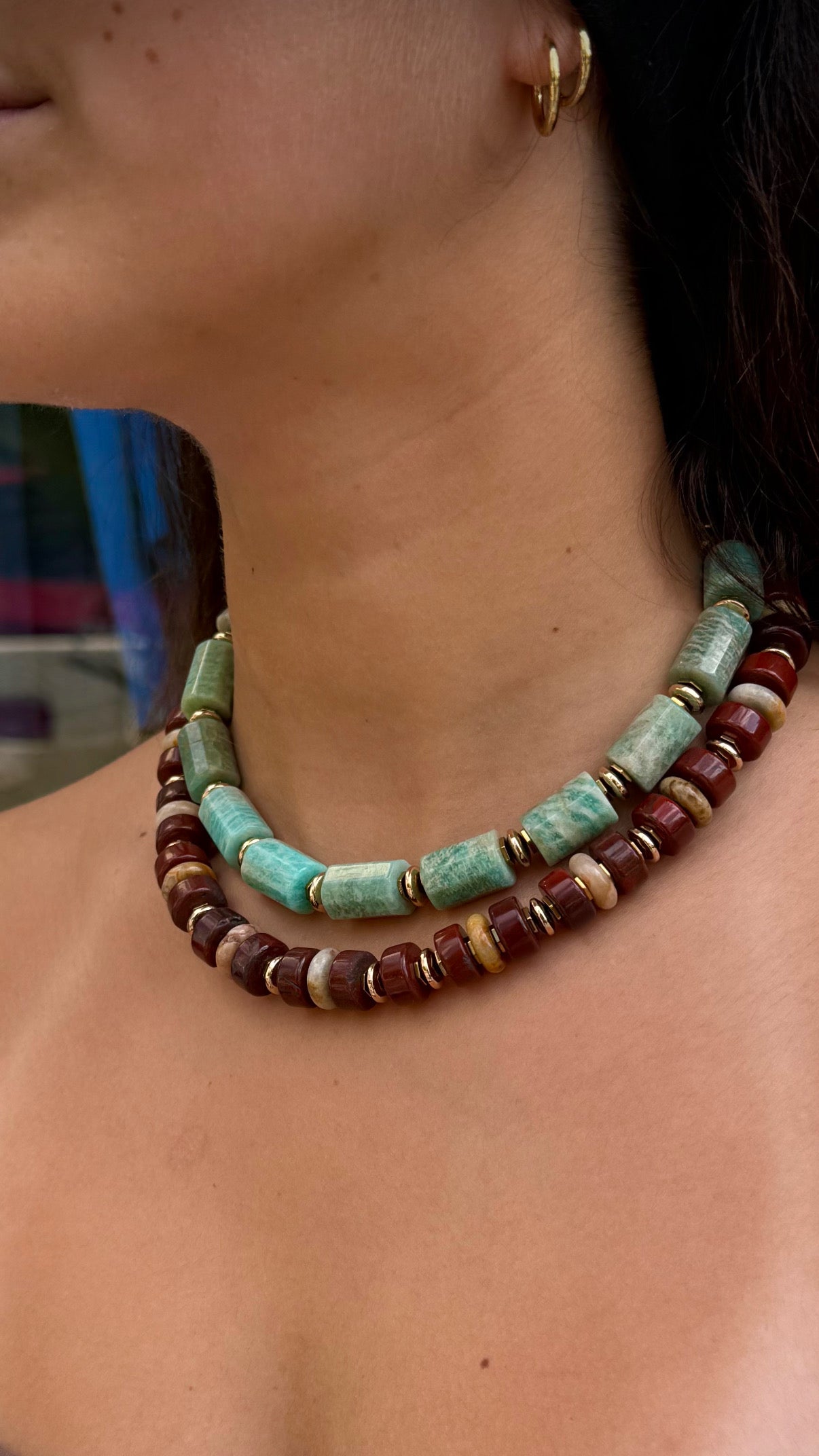 Amazonite & Burgundy Stone Necklace Set