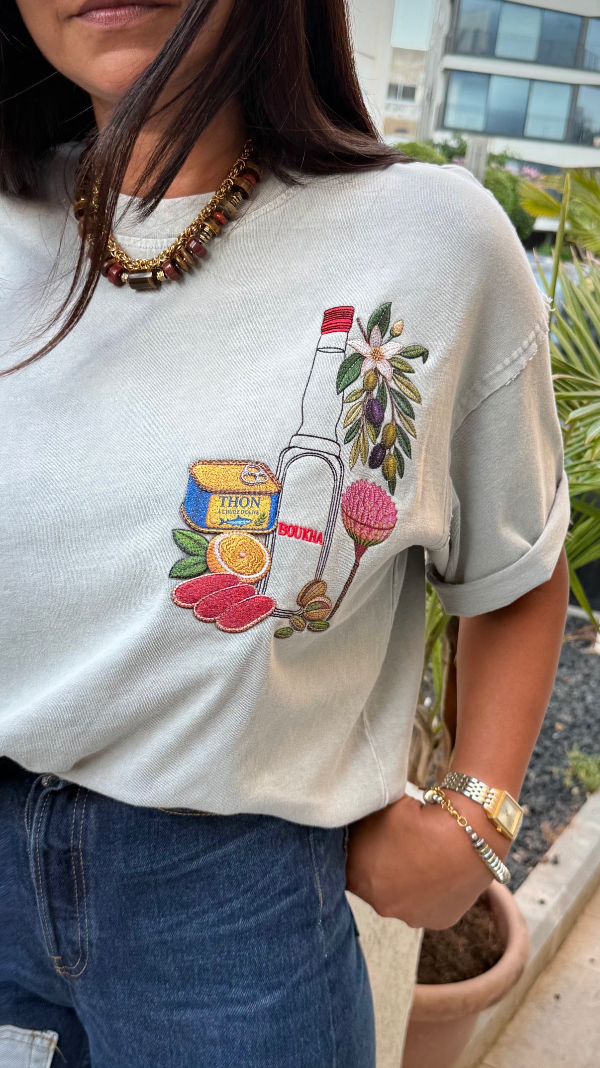 EUF x BYSHALEVET Tunisian Kit Embroidered T-Shirt - Light Sage