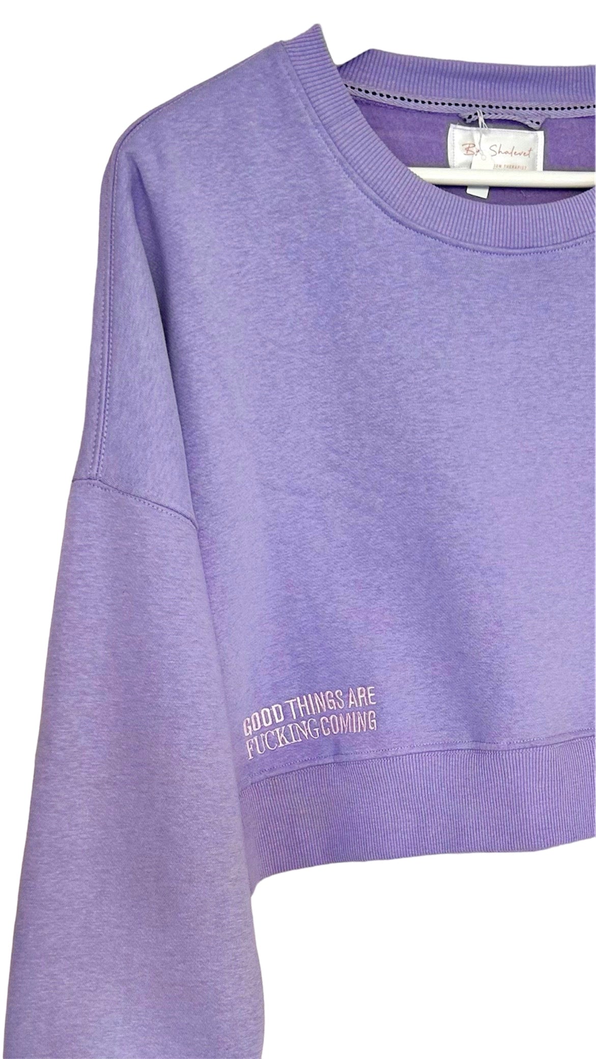 Lilac Good things are fucking coming crop top sweat