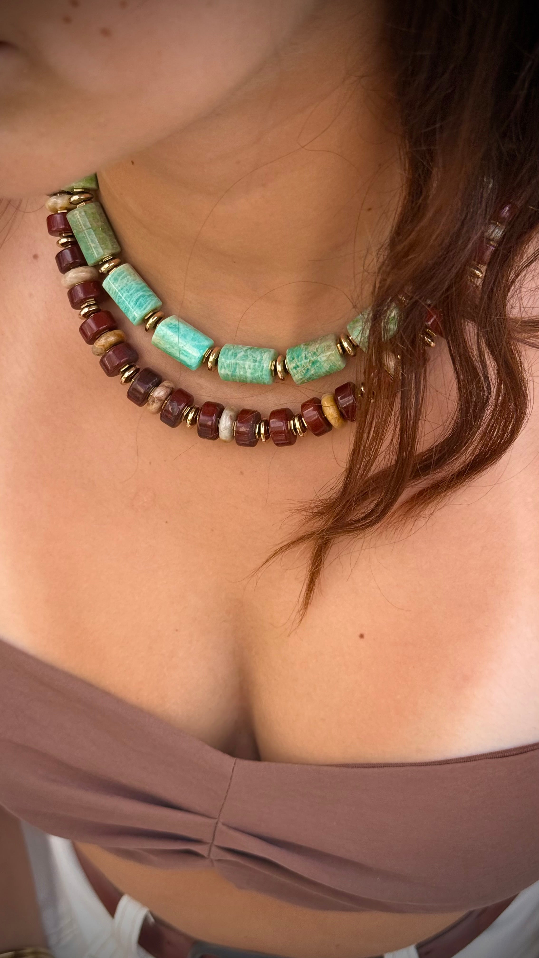 Amazonite & Burgundy Stone Necklace Set