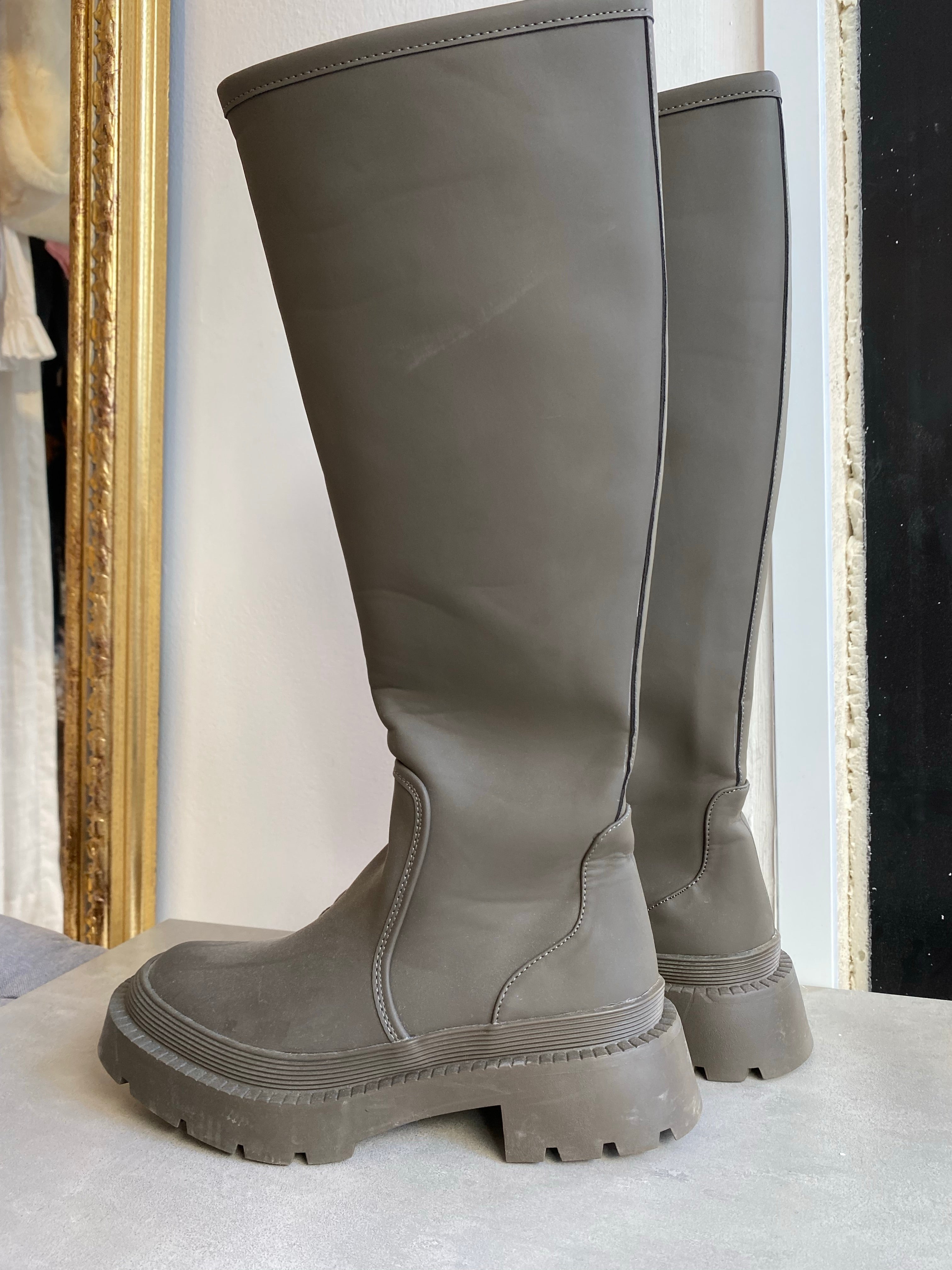 khaki high rain boots