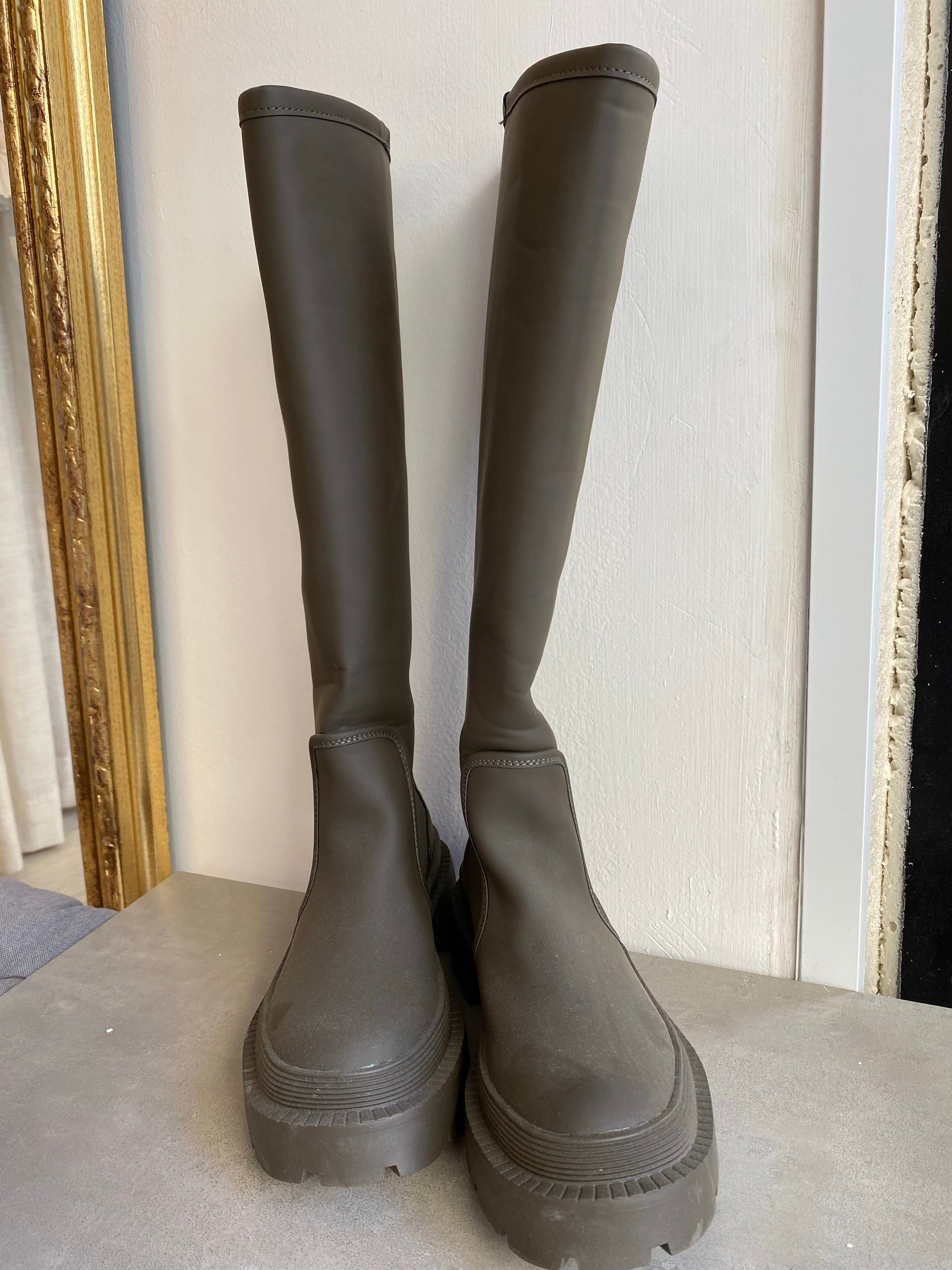 khaki high rain boots